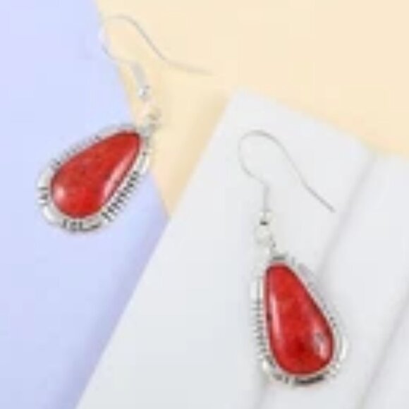 Southwestern Red Coral Dangle Earrings in 925 Sterling Silver & French Hooks NWT - Picture 4 of 6